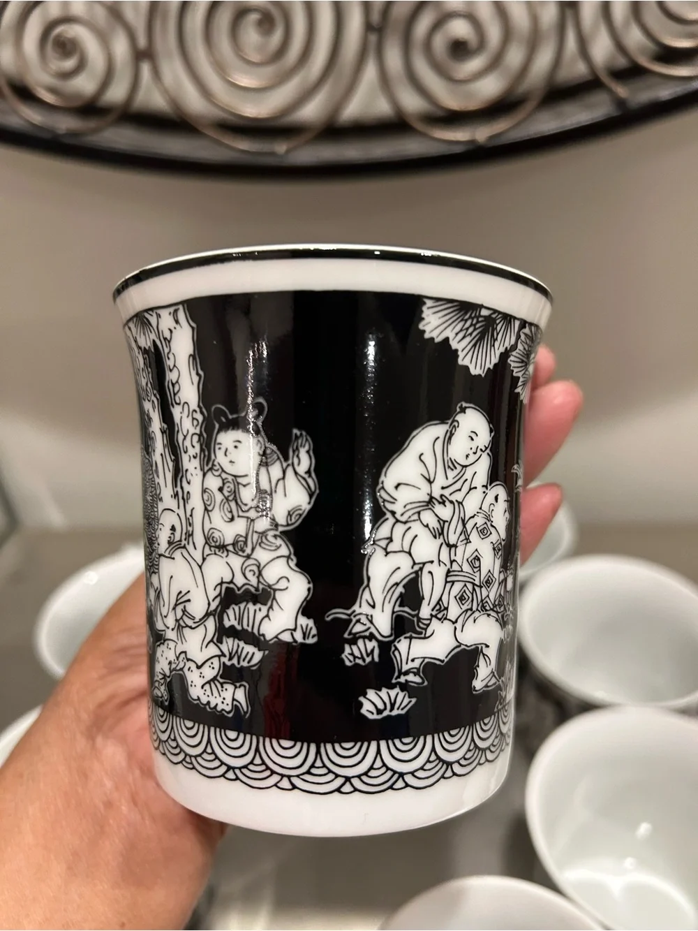 Set of 8 Porcelain Teacups with Black and White Scenic Design
